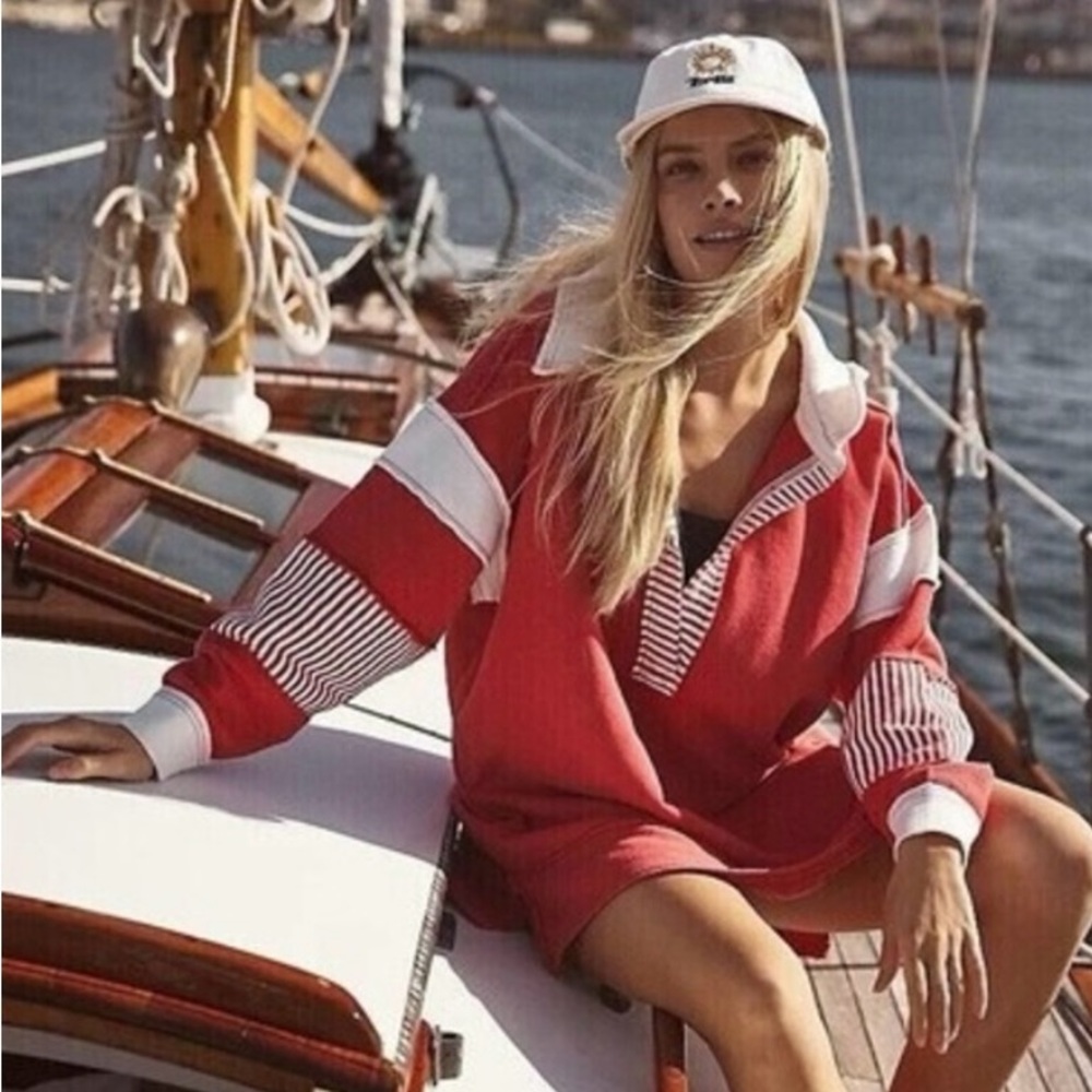 Free People We The Free Clean Prep Polo Rose Faded Red White Stripes Deep V-neck